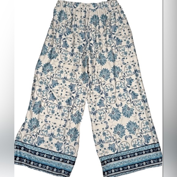 Cato Pants - Cato Cream & Teal Paisley Wide-Leg Pants